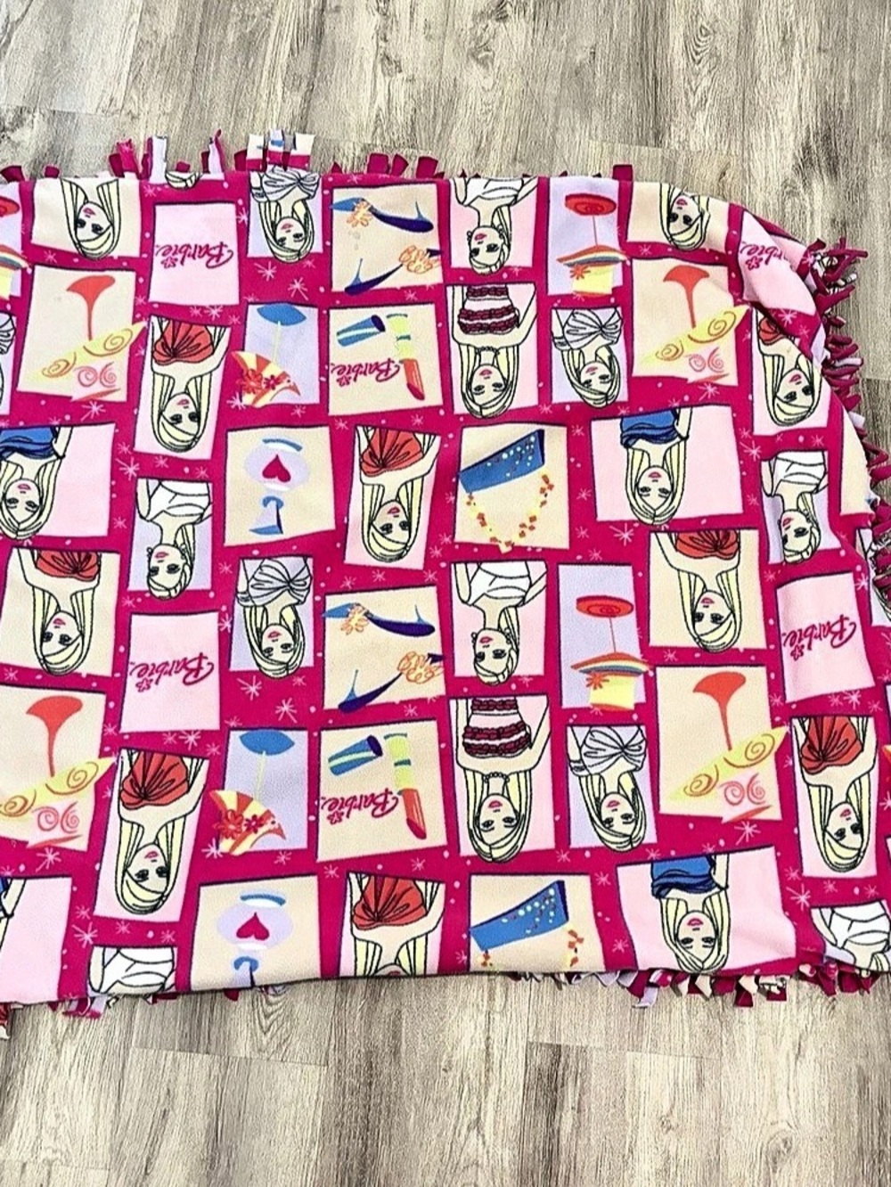 Vintage Y2K Handmade Barbie Fleece Blanket Knot Tie Fringe Pink 42”x48”